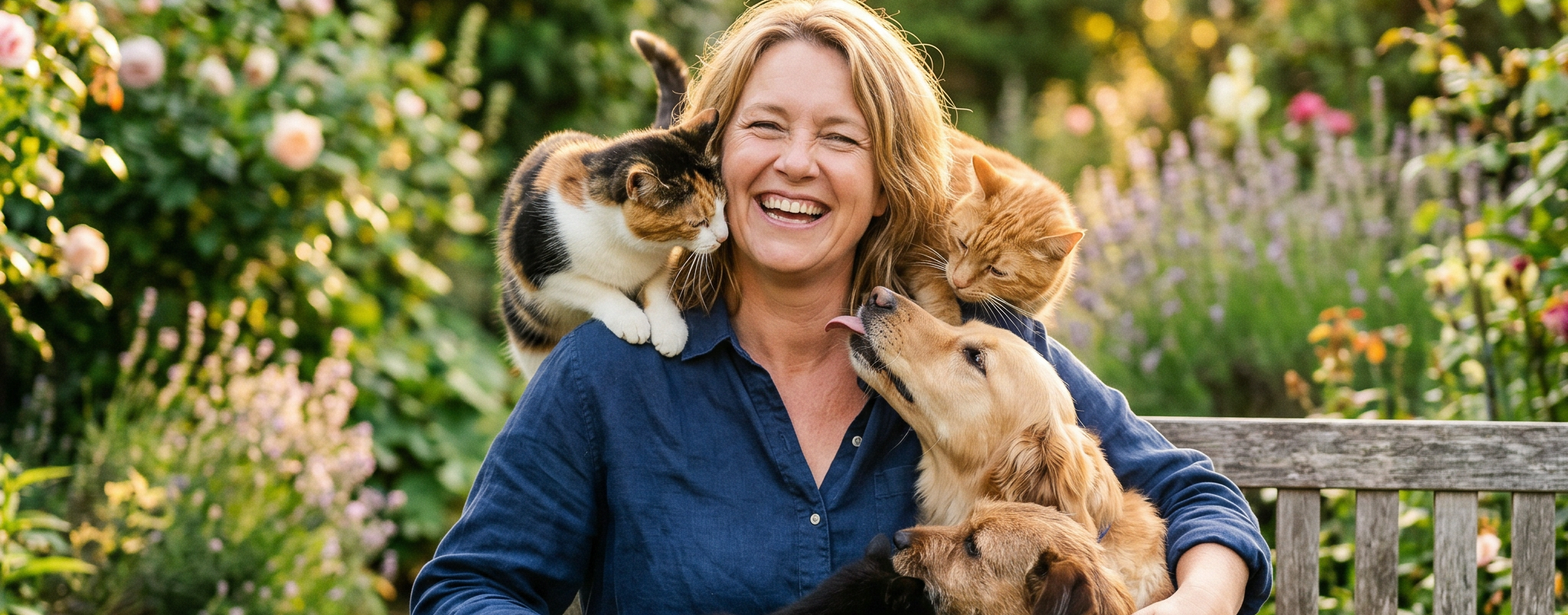 Woman holding two dogs and a cat in a garden setting