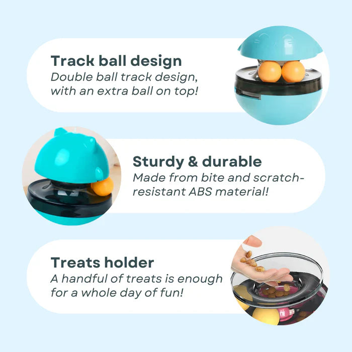 Pet toy with track ball design, durable material, and treats holder on a light blue background