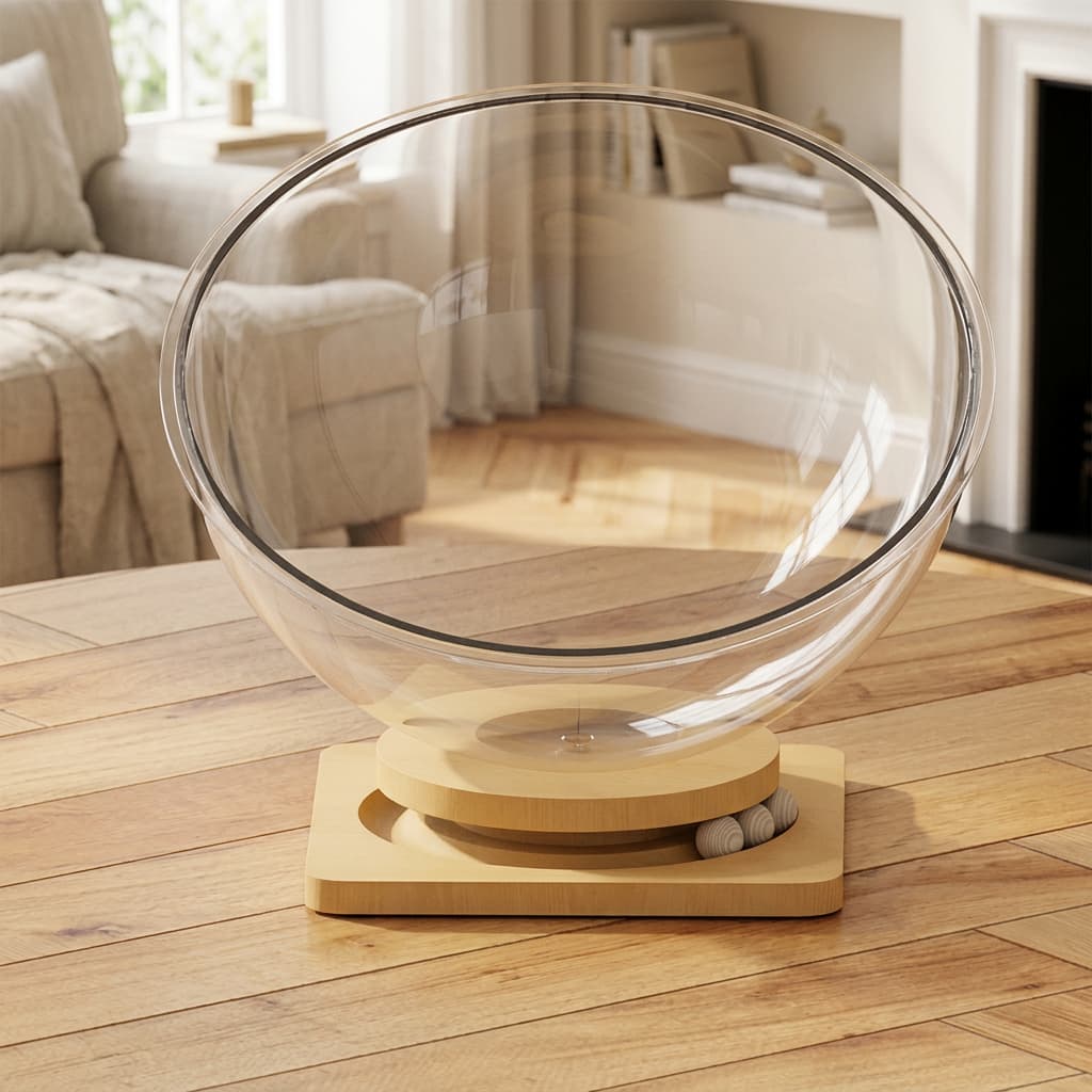 A clear plastic bowl with a thin dark rim, displayed on a light wood base in a bright living room with wood flooring and a sofa in the background.