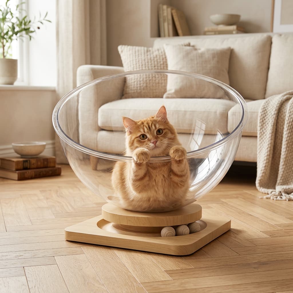 An orange tabby cat sits inside a clear plastic bowl placed on a light wood base in a bright living room with a sofa and wood floor visible.