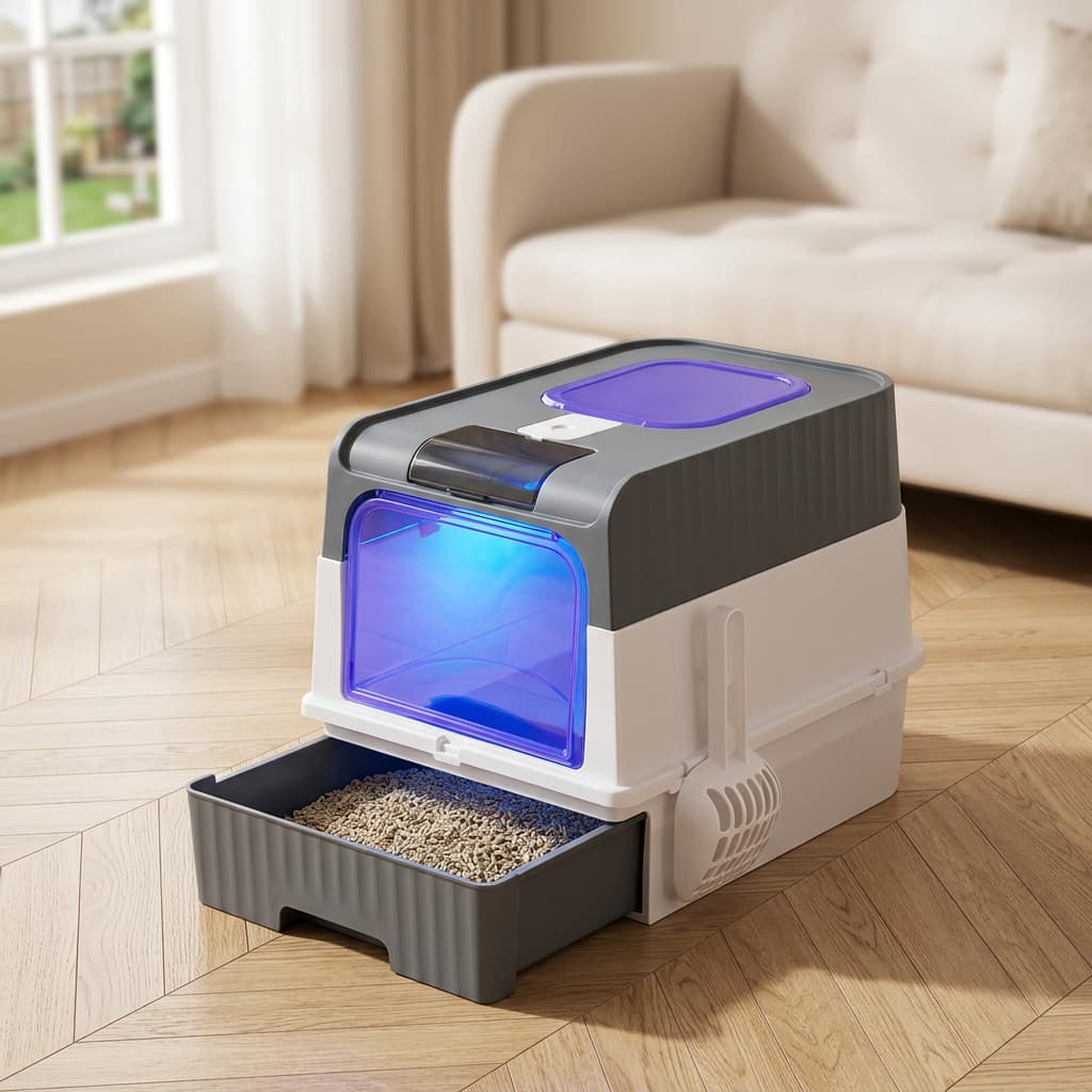 A modern cat litter box with a dark grey top and base, white body panels, and a glowing blue interior, shown with the litter drawer pulled open on a light wood floor in a living room setting.