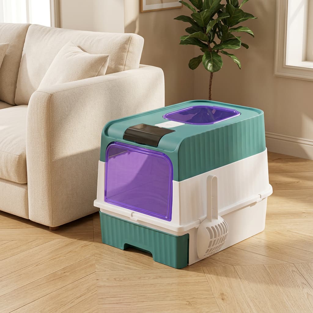 A two-tone cat litter box with a teal green top and bottom and a white middle section, featuring purple translucent doors and a black lid, shown next to a beige sofa on a wooden floor.