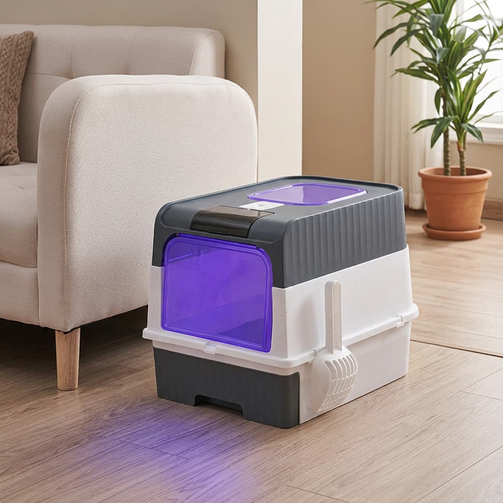 A modern cat litter box with a white and dark grey body and a translucent purple front window, placed on a wooden floor next to a beige sofa in a living room setting.