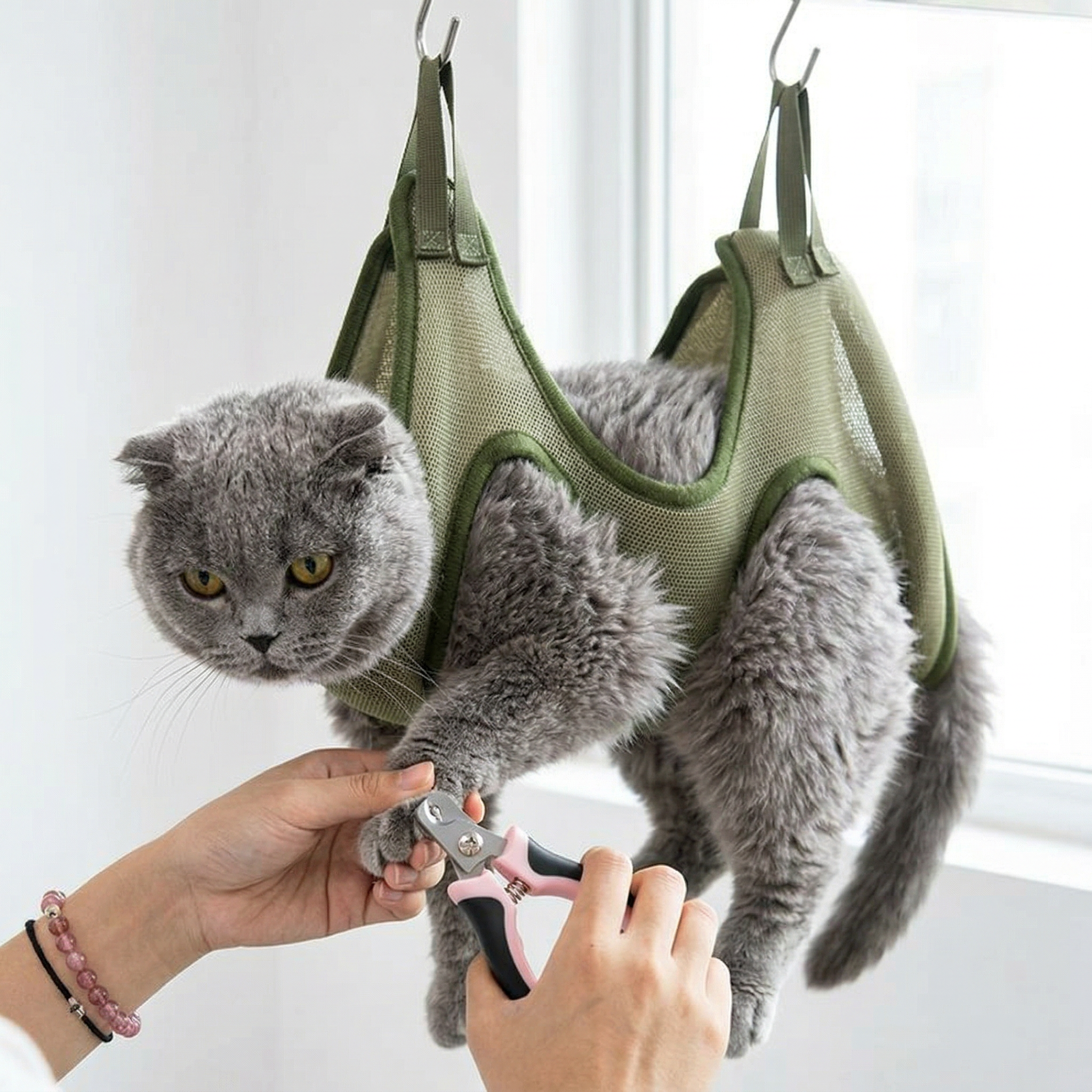 Cat in a green mesh hammock being trimmed by a person with pink clippers.