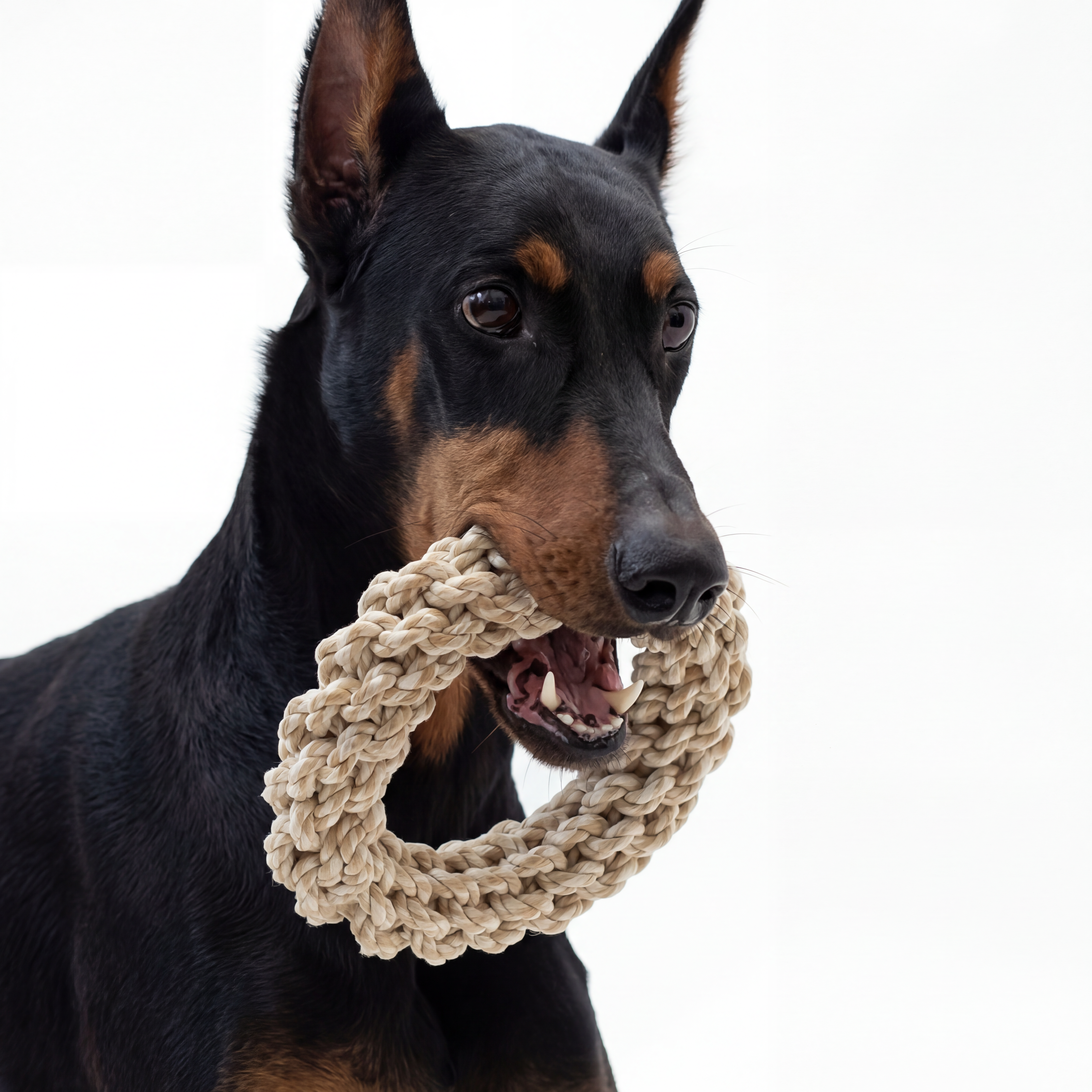 Dog holding a beige rope toy in its mouth against a white background
