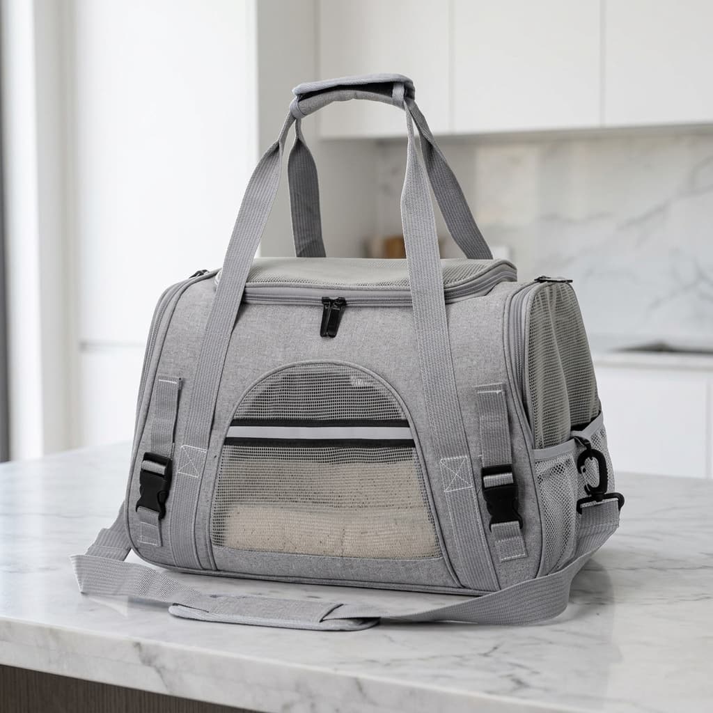 A grey pet carrier duffel bag with mesh side panels and a front window, placed on a white marble countertop in a bright kitchen setting.