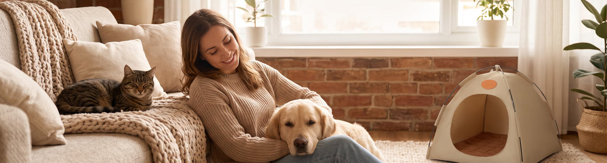 Woman relaxing at home with her golden retriever and tabby cat beside a cosy cat tent