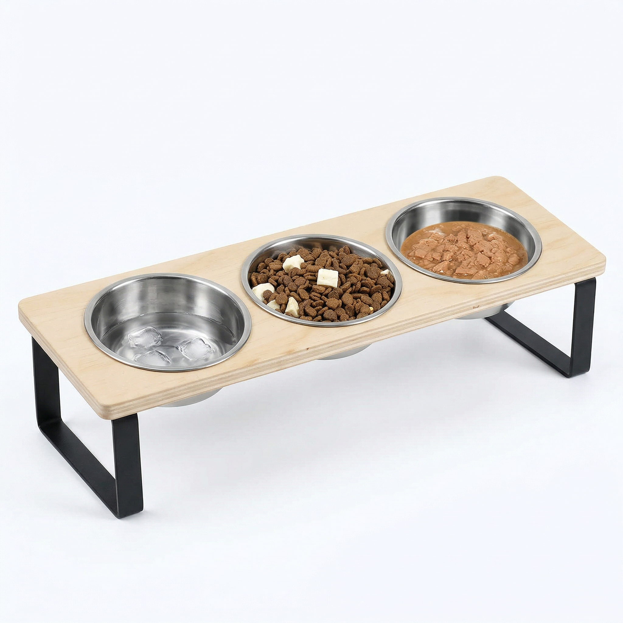 Pet feeding station with three bowls on a white background