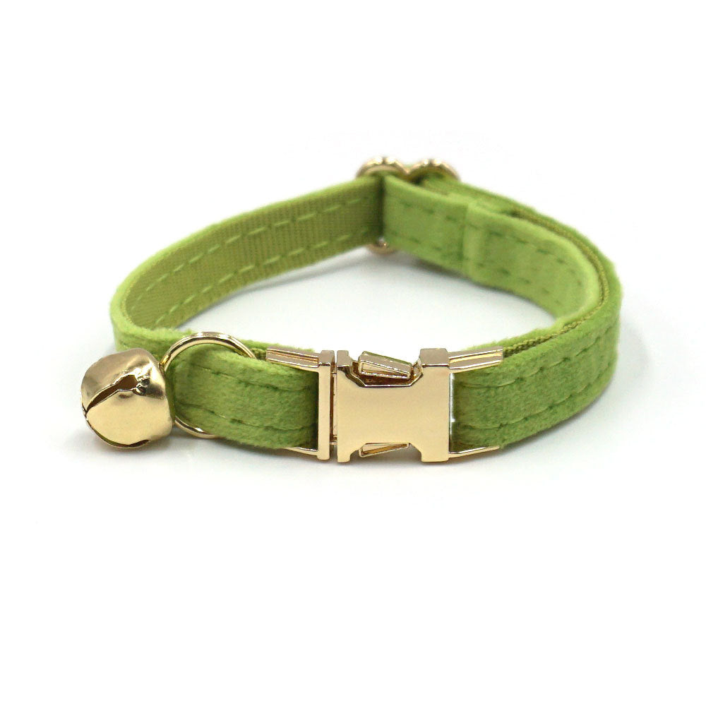 Green cat collar with gold buckle and bell on a white background