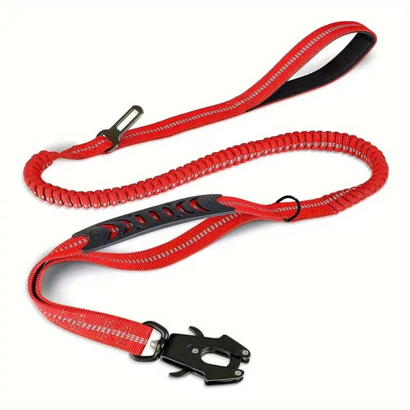 Red and black dog leash with a clip on a white background