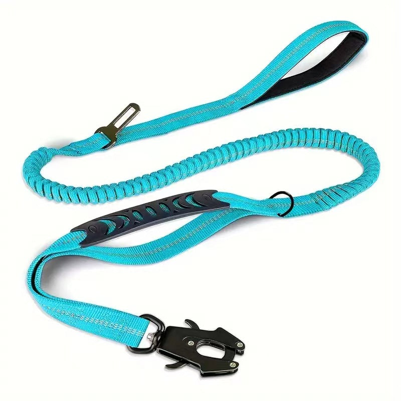 Turquoise dog leash with black clip on a white background