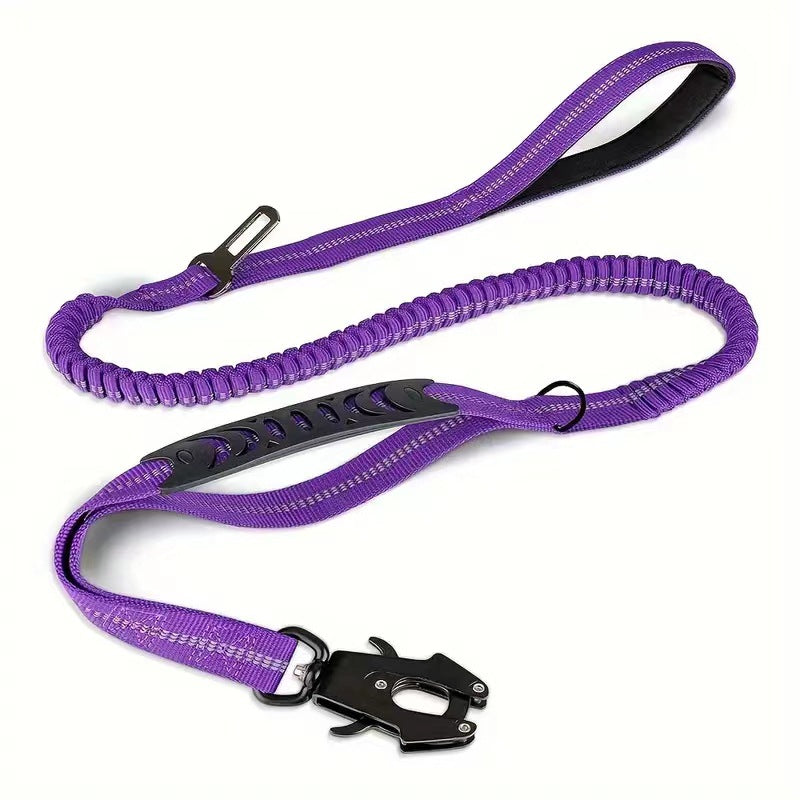 Purple dog leash with black clip on a white background