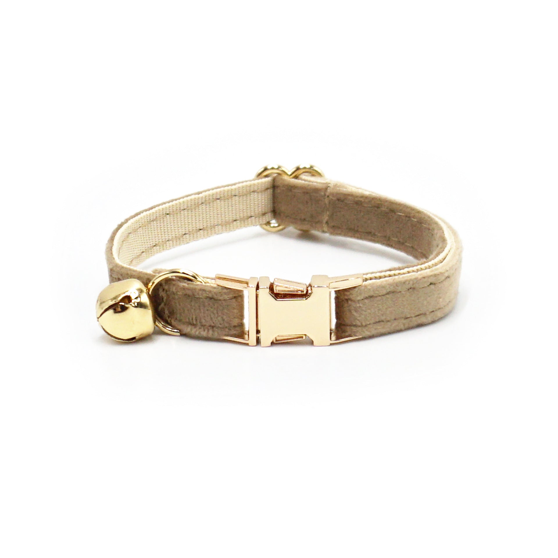 Beige cat collar with gold buckle and bell on a white background