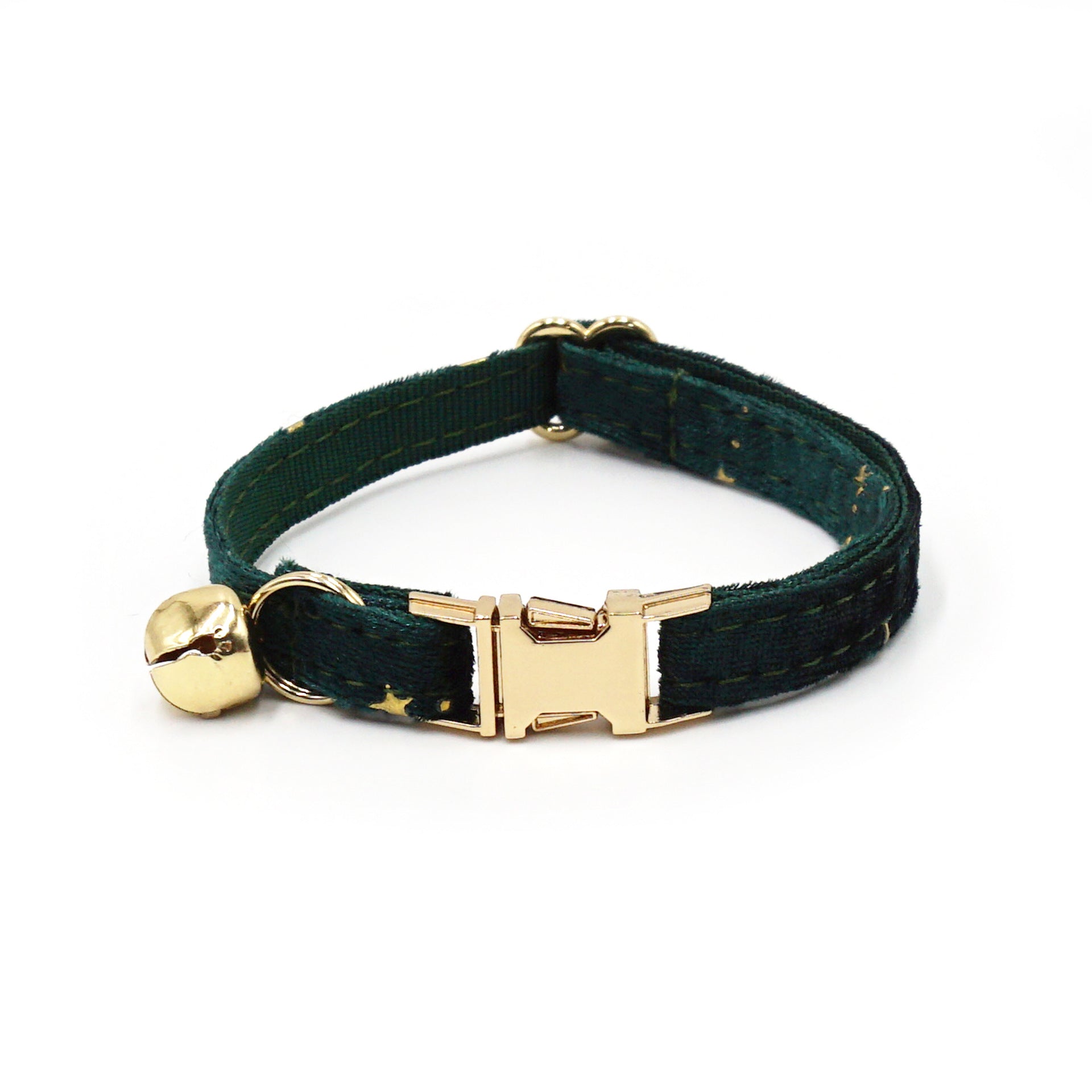Green cat collar with gold bell and clasp on a white background