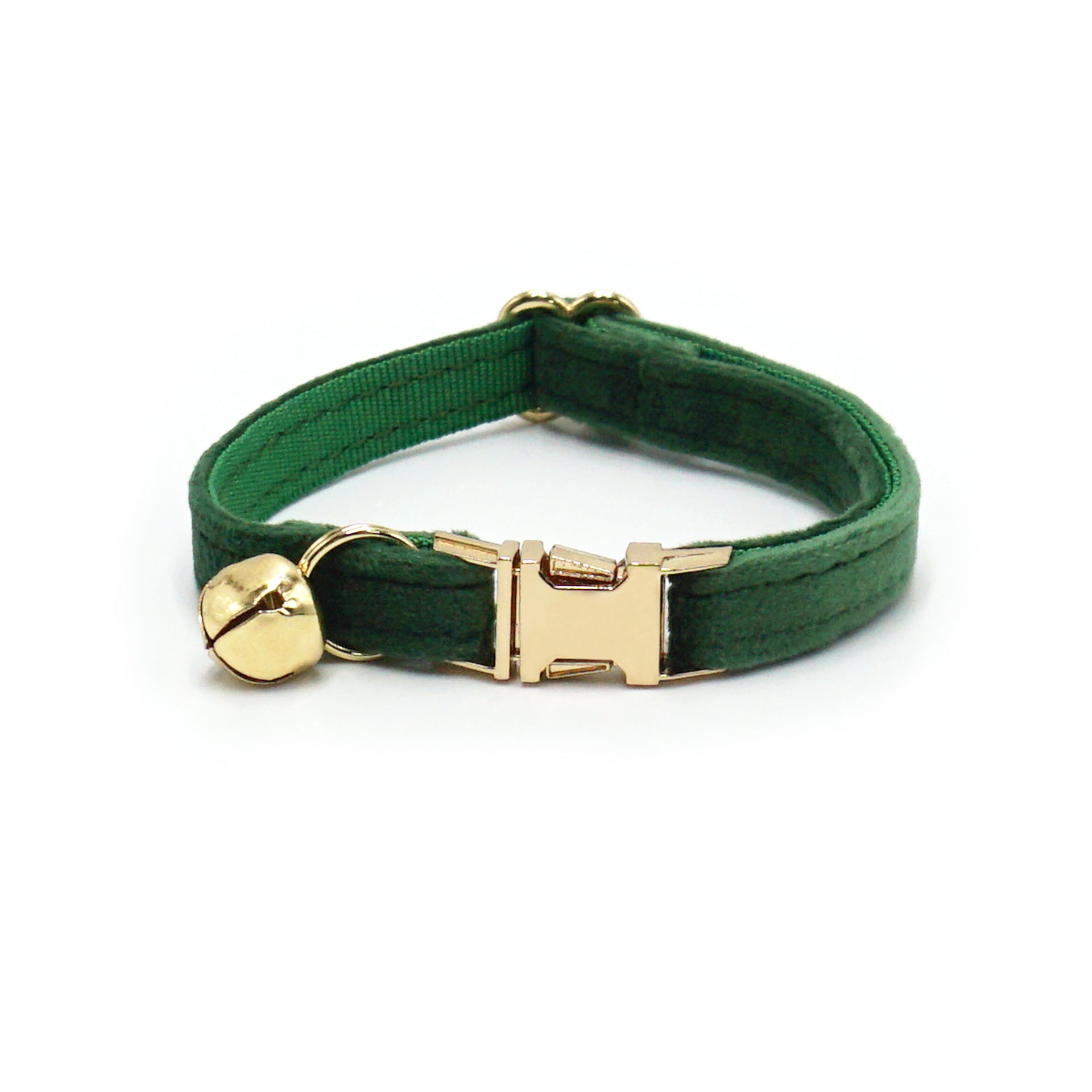 Green cat collar with gold buckle and bell on a white background