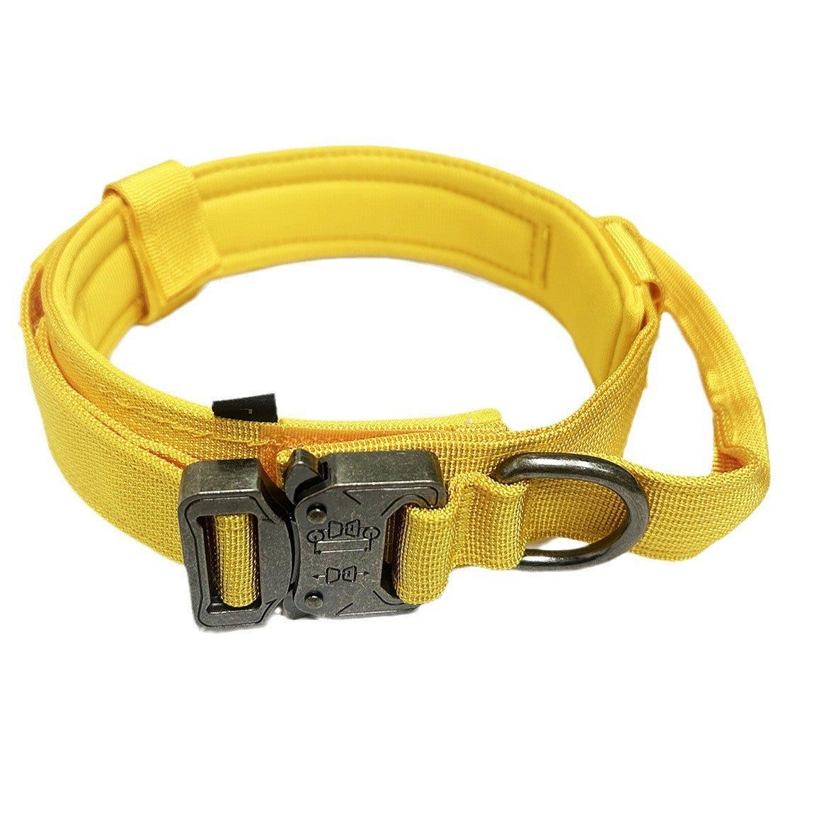 Yellow dog collar with a metal buckle on a white background