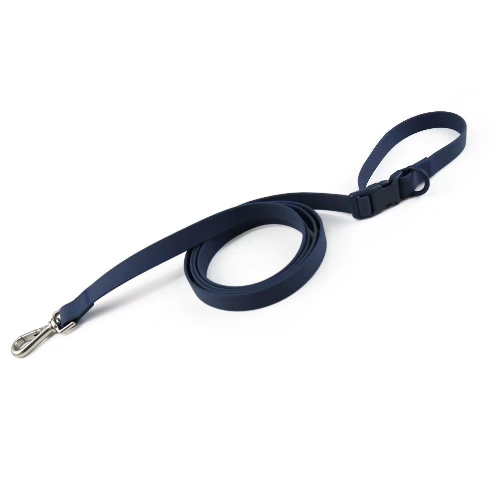 Navy blue dog leash on a white background