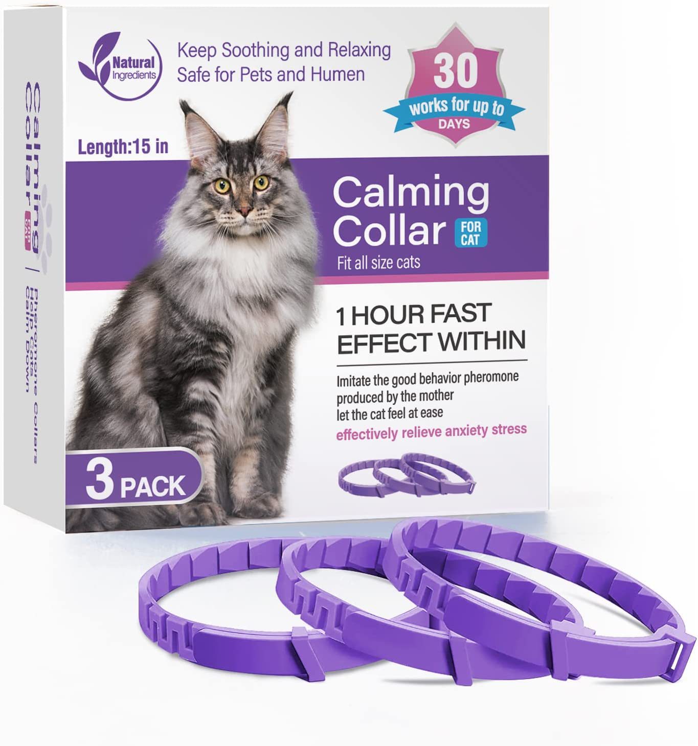 Cat calming collar packaging with a cat on the box and two collars in front.