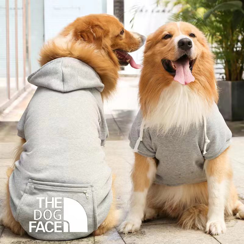Two dogs wearing grey hoodies with 'The Dog Face' logo indoors.