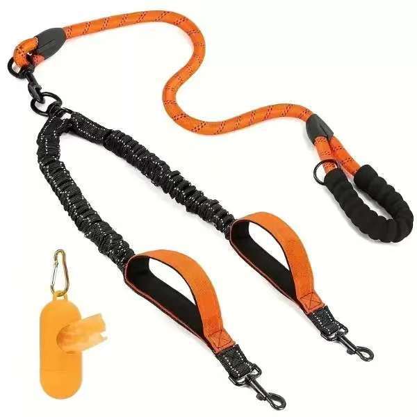Orange and black dog lead with handle and clip on a white background