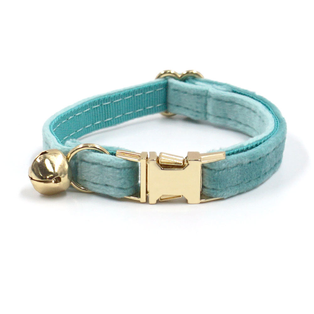 Teal dog collar with gold buckle and bell on a white background