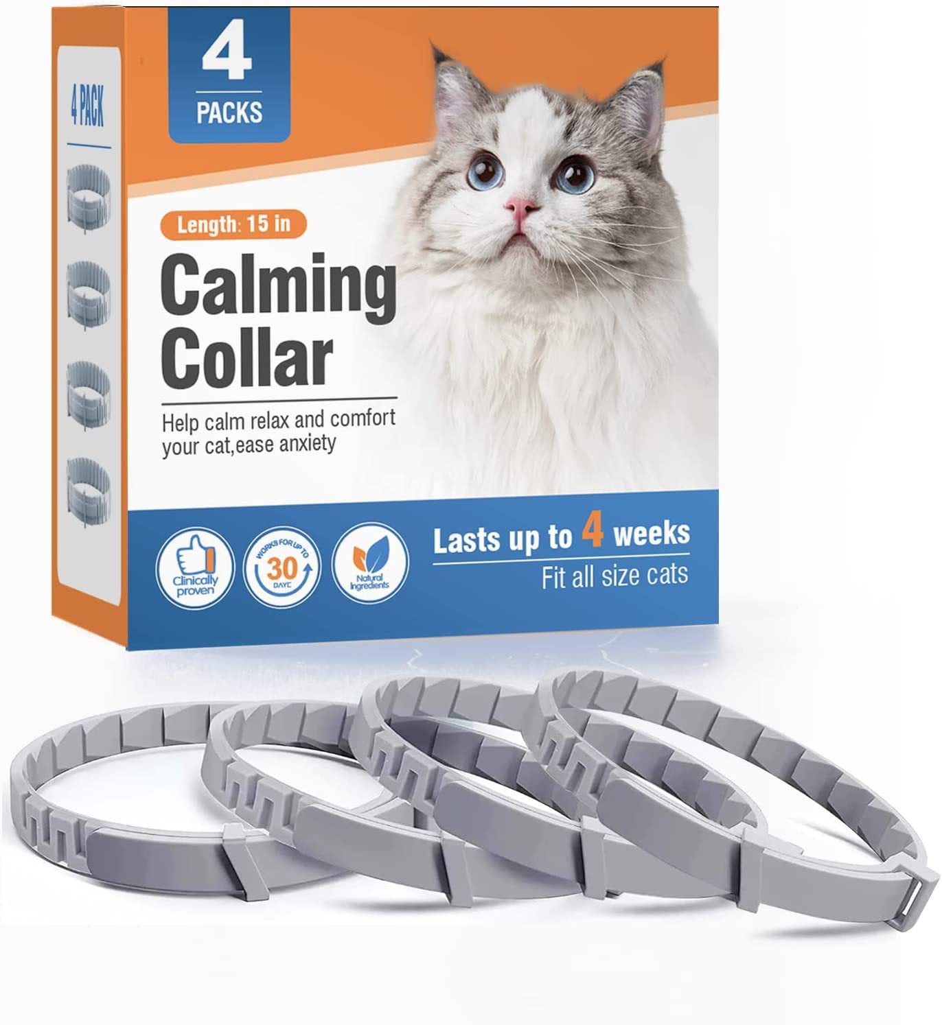 Cat calming collar packaging with a cat on the box and collars in front.