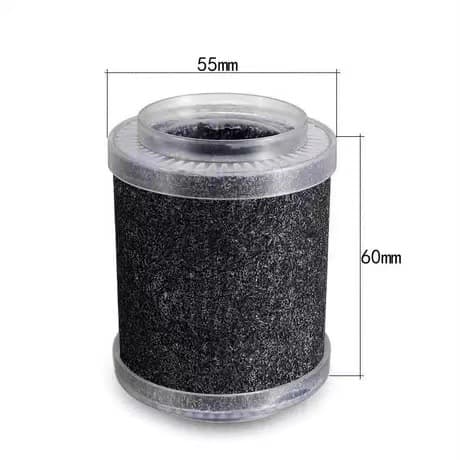 A cylindrical replacement filter cartridge with a black textured body and clear plastic end caps, shown with dimension lines indicating 55mm width and 60mm height on a white background.