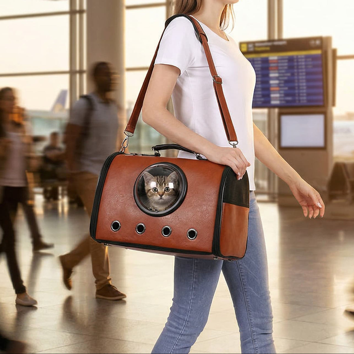 Woman walking through an airport with a pet carrier containing a cat.