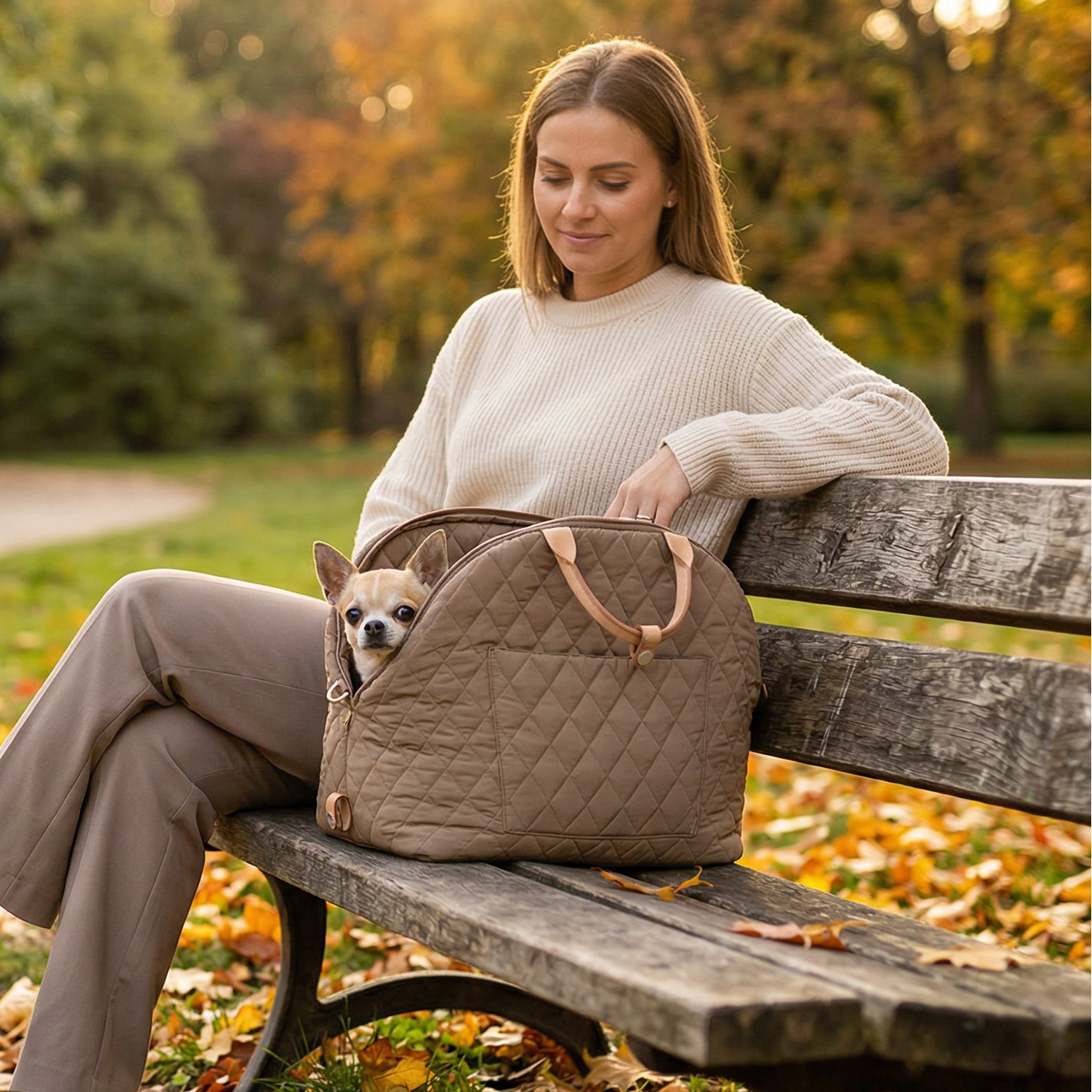 Woman sitting on a bench with a dog inside a quilted pet carrier in an autumn park.