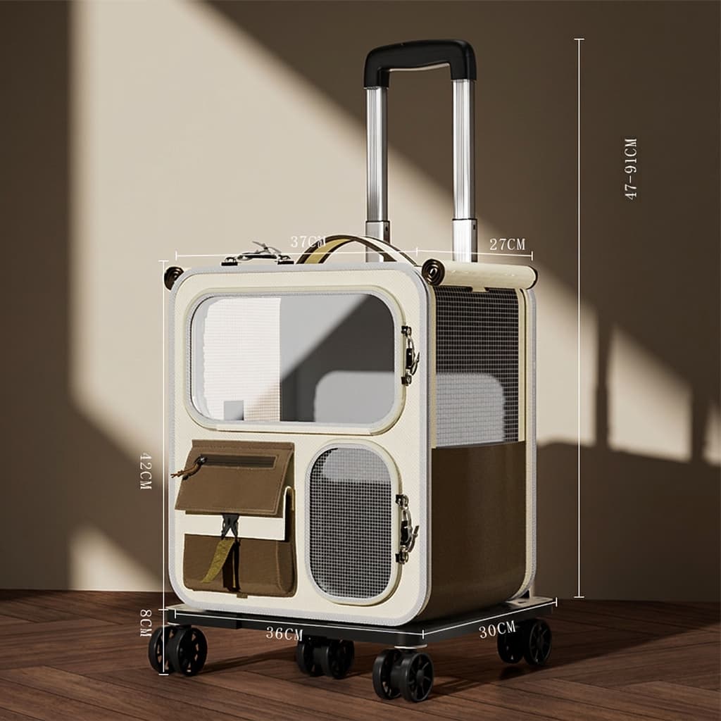 A rolling pet carrier suitcase with an extended silver handle, shown in a beige and brown color scheme. The image includes dimension lines and text overlays indicating measurements of the product in a warm, sunlit room setting.