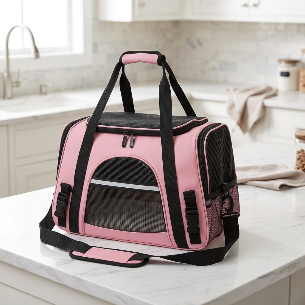 A pink pet carrier duffel bag with mesh side panels and a front window, placed on a white marble countertop in a bright kitchen setting.
