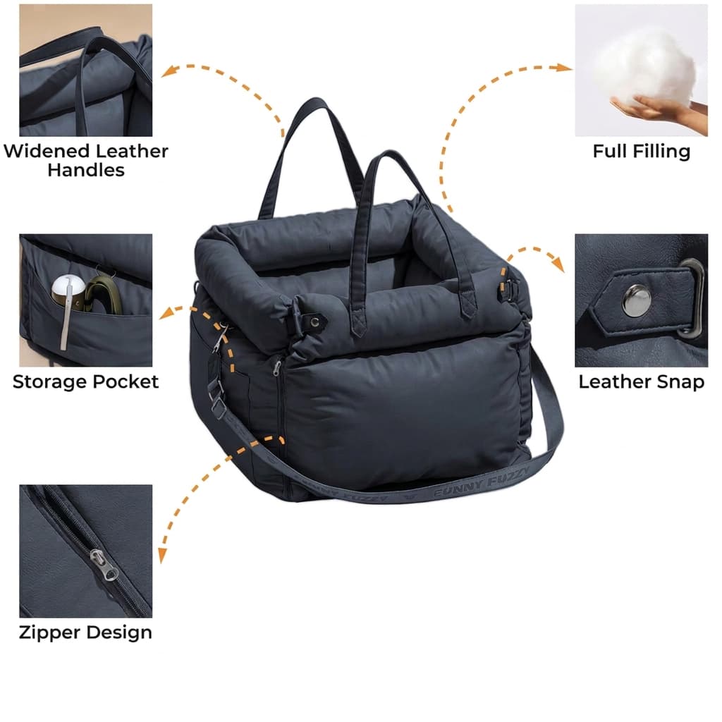 Navy blue dog travel cushion with padded handles and storage pocket