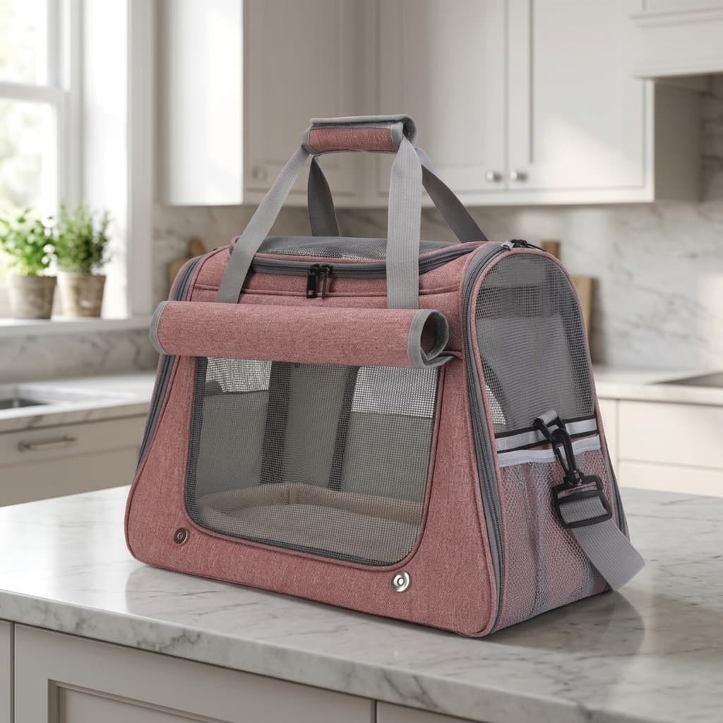 A pink and gray pet carrier bag with mesh windows and a top handle, sitting on a marble kitchen counter.