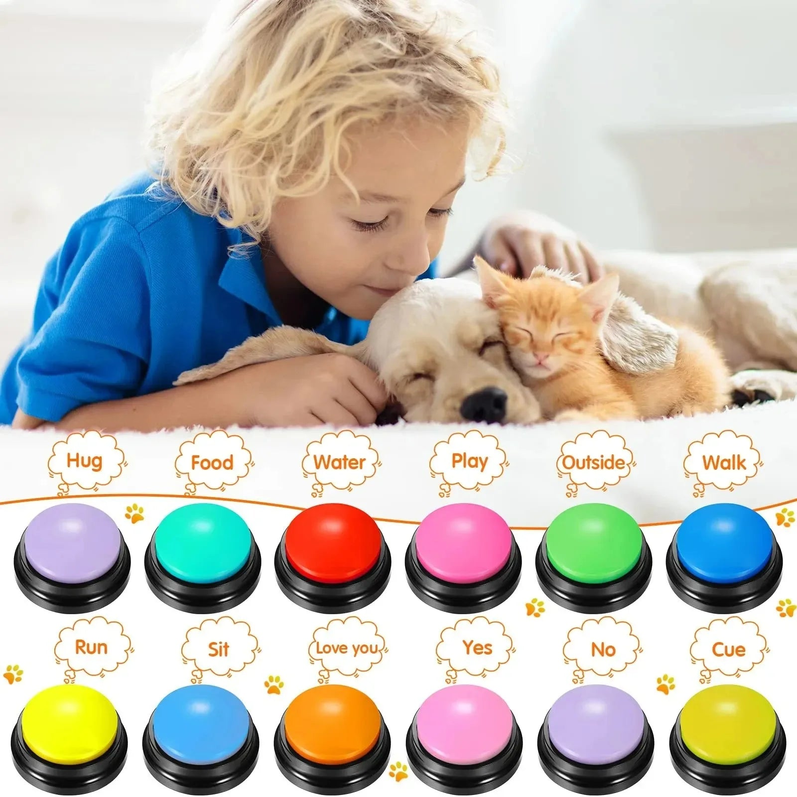Child interacting with a dog next to a row of colorful buttons with various commands.