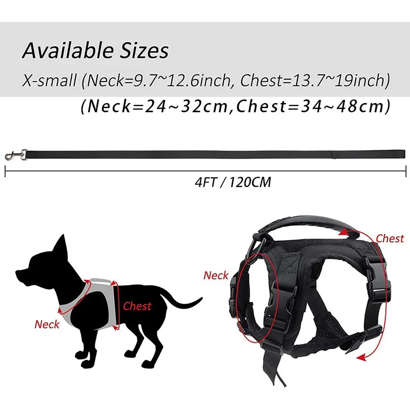 Dog harness measurement chart with size guide and dimensions.