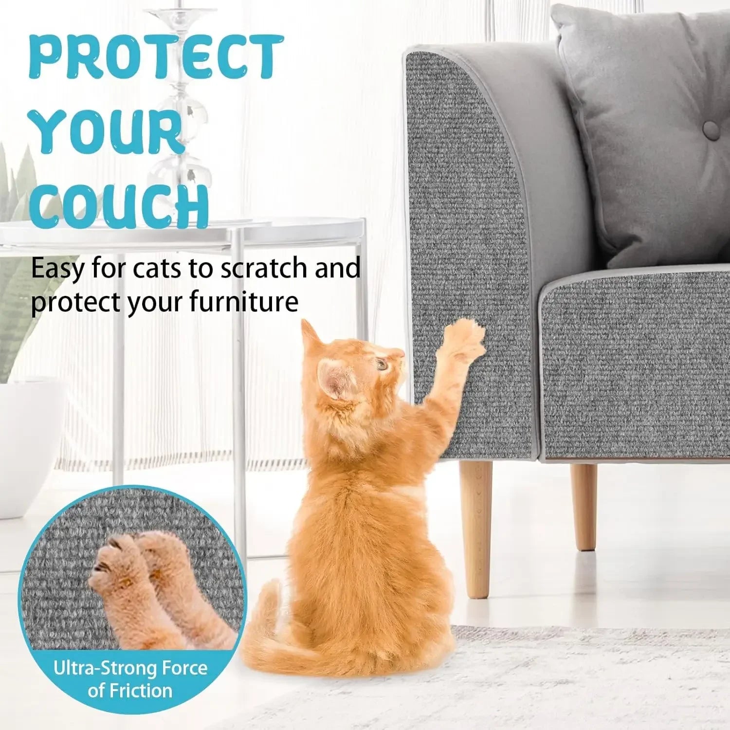 Cat scratching a couch with text 'Protect Your Couch' and 'Easy for cats to scratch and protect your furniture'.
