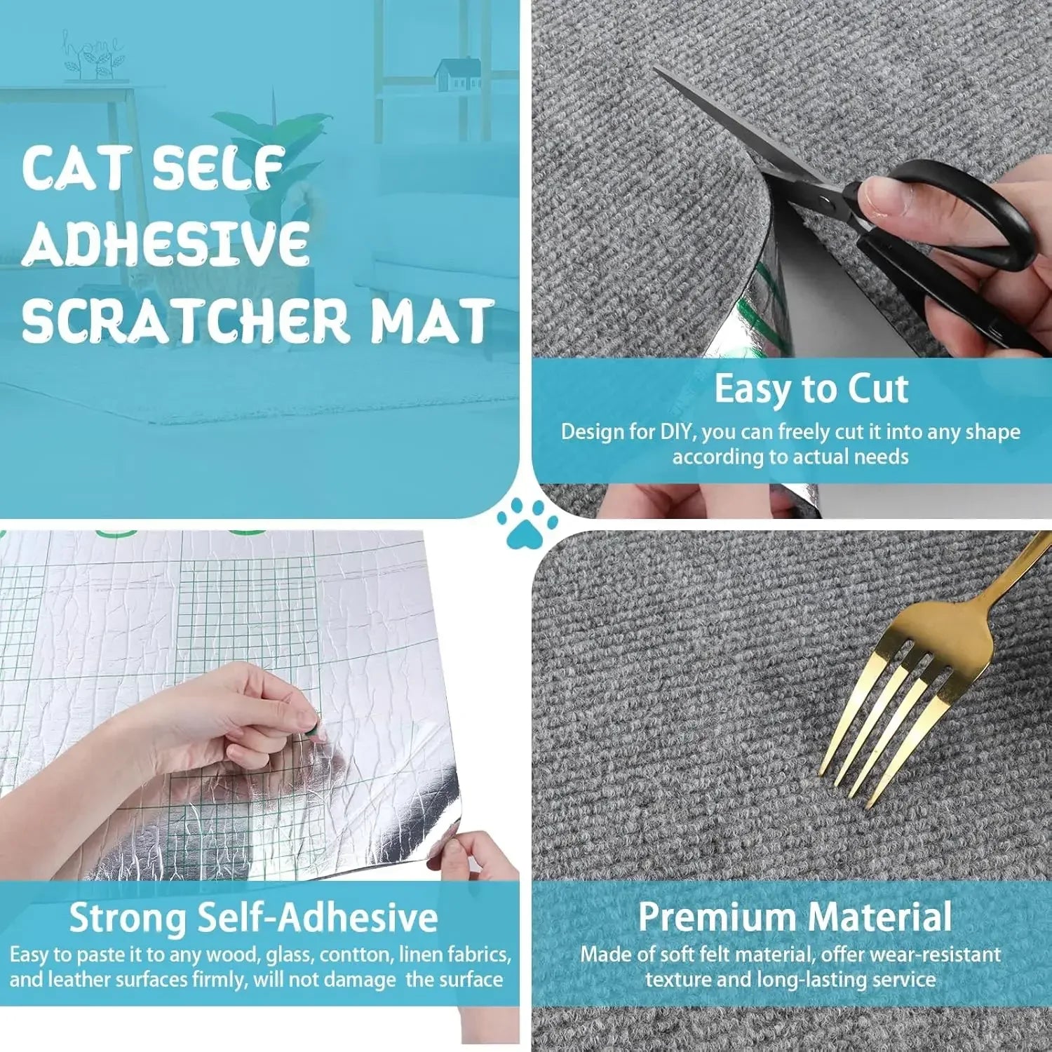 Cat self-adhesive scratcher mat with cutting and usage examples on a blue background