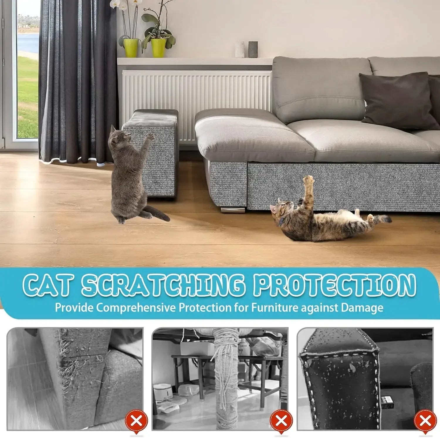 Cat scratching protection product with a cat on a couch and a cat scratching post.