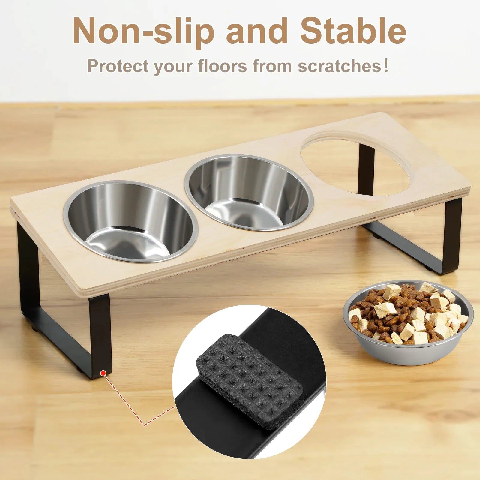 Wooden pet feeder with two metal bowls on a wooden floor, showing non-slip mat feature.