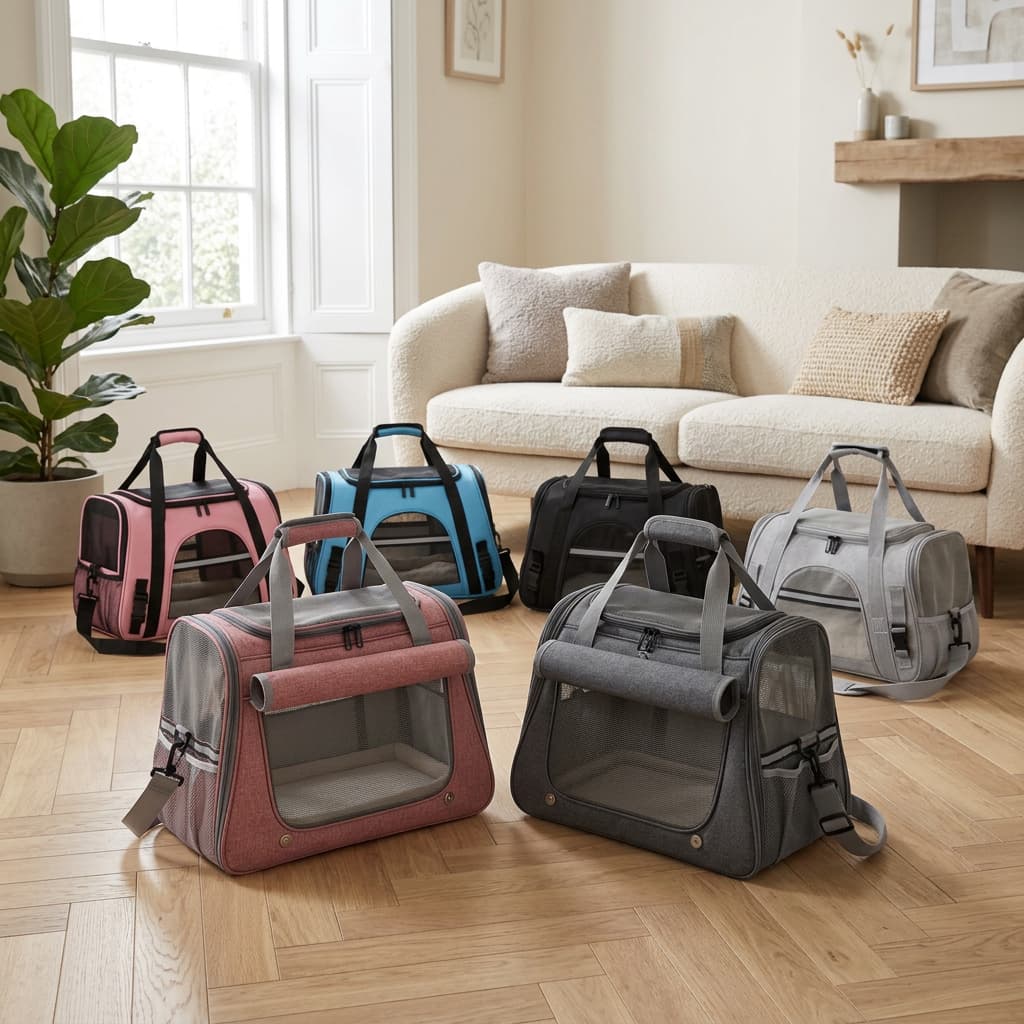Five pet carrier bags in pink, blue, black, and grey are arranged on a light wood floor in a bright, modern living room with a cream-colored sofa and a potted plant.