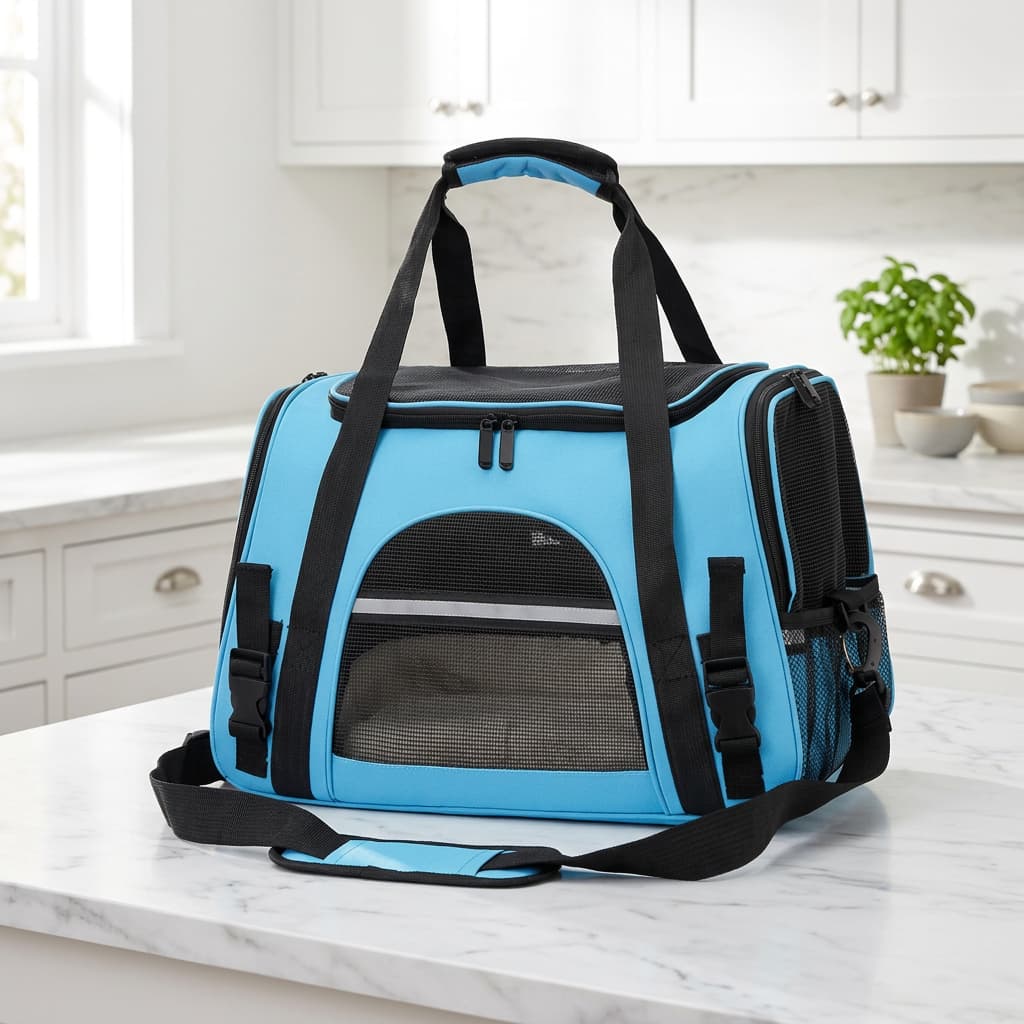 A blue pet carrier duffel bag with mesh side panels and a front window, placed on a white marble countertop in a bright kitchen setting.