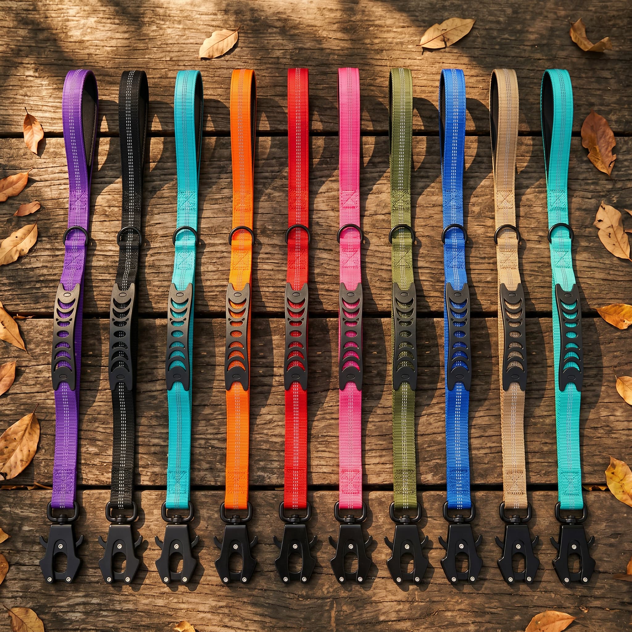 Colourful dog leads arranged on a wooden surface with leaves.