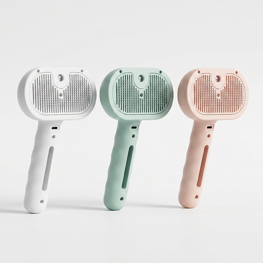 White, mint green and blush pink electric steam spray pet grooming brushes displayed side by side on white background