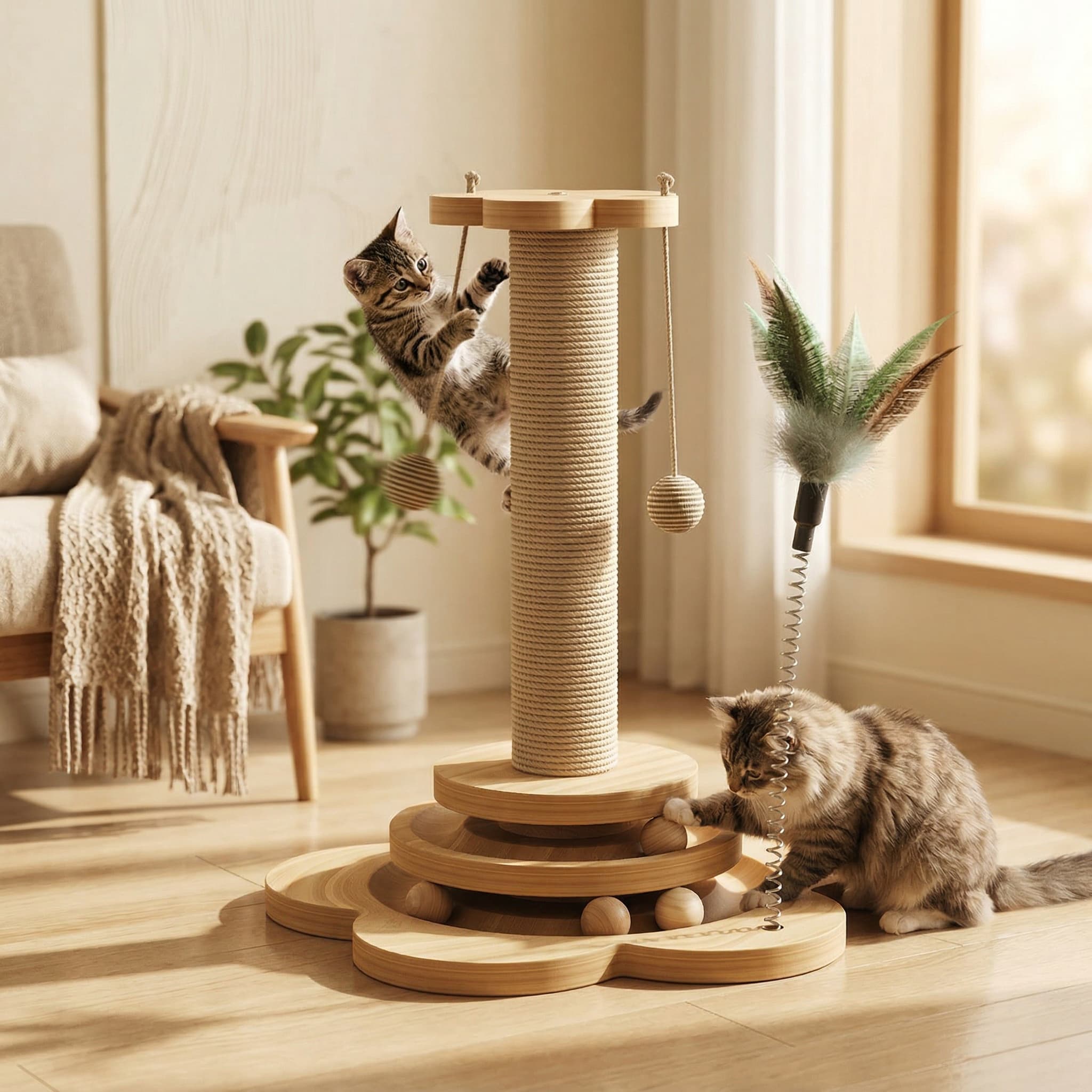 2 cats playing with a at scratch tree in a nice home on a sunny day.