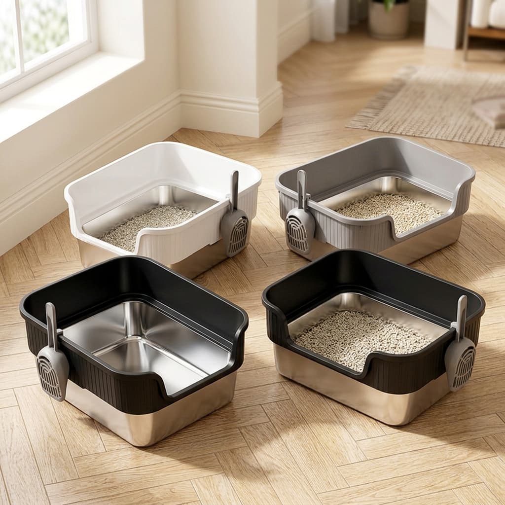 Four square cat litter boxes with stainless steel bases and lids in white, gray, and black, arranged on a light wood floor in a bright room. Two boxes contain litter, and each has a small gray scoop attached to the side.