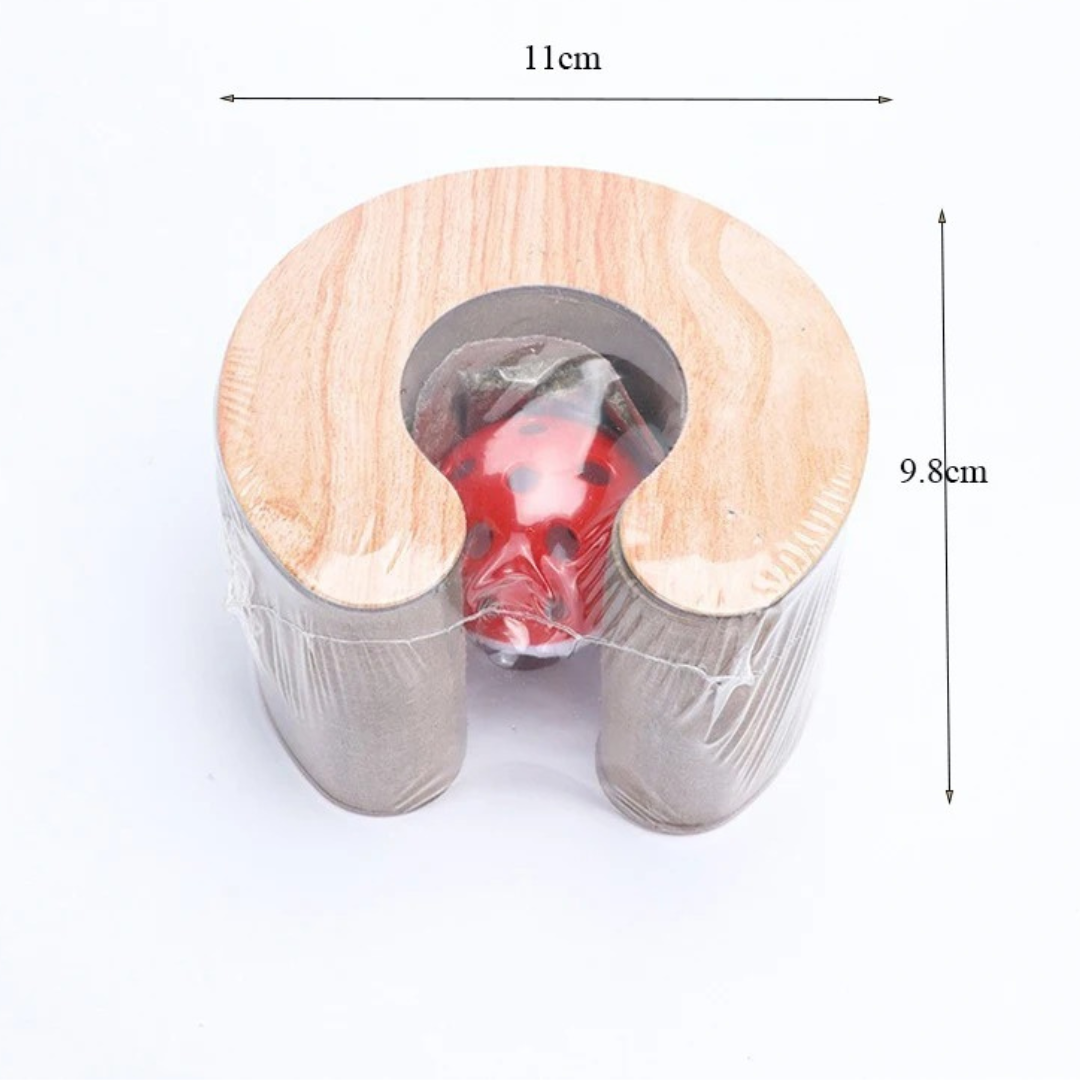 Wooden and metal container with a red object inside, showing dimensions on a white background.