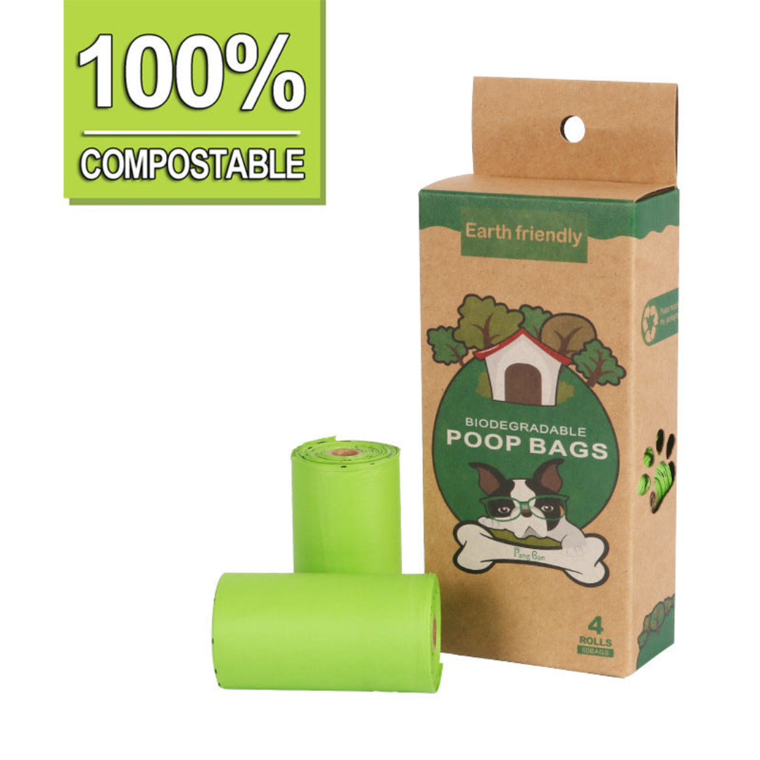 Biodegradable poop bags with a cardboard box on a white background
