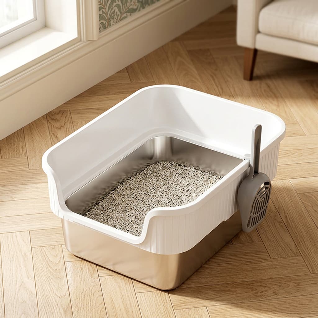 A modern cat litter box with a white exterior, brushed stainless steel interior base, and gray scoop, shown on a light wood floor in a real room setting.