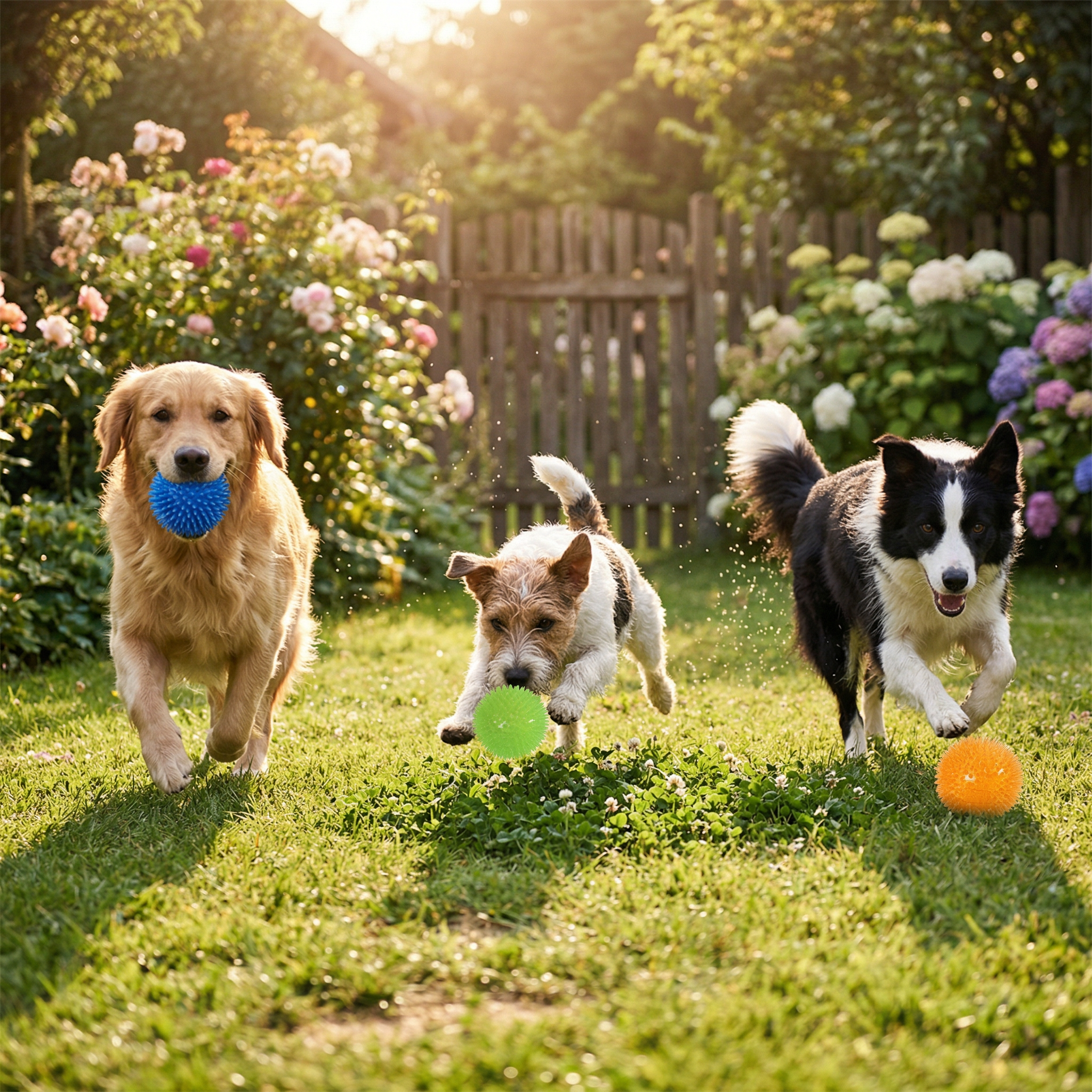 Three dogs running in a garden with colorful balls in their mouths.
