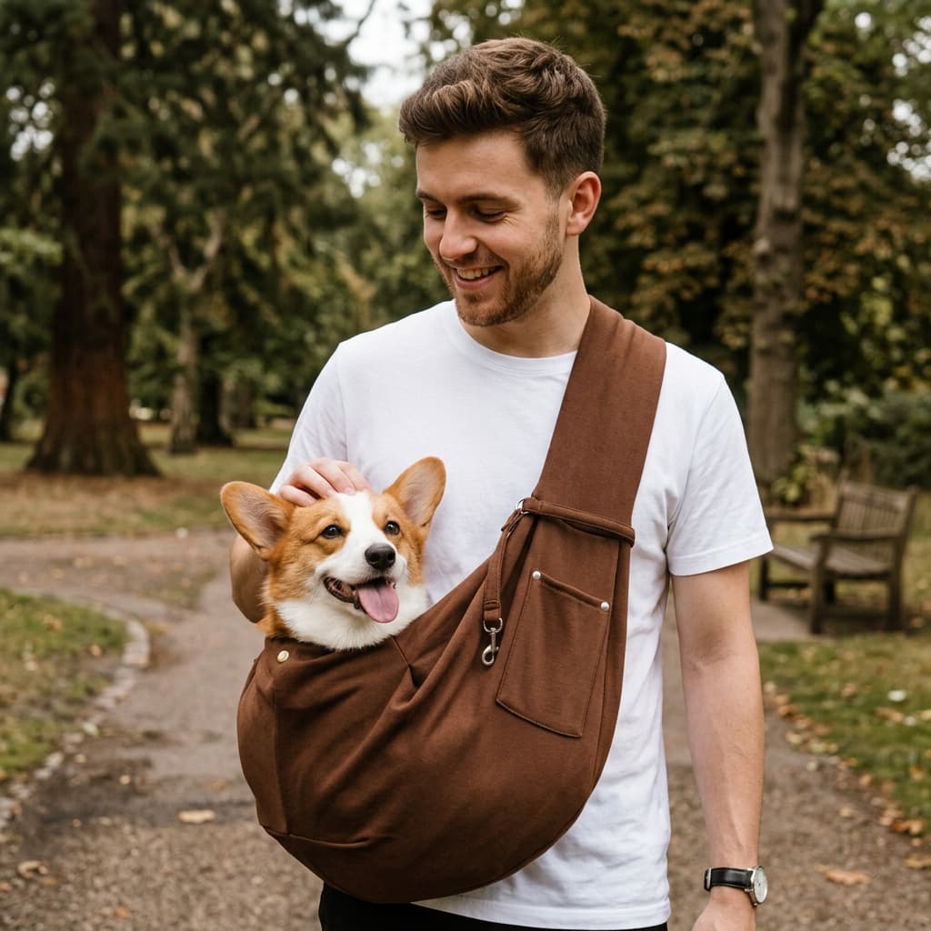 A man wearing a white t-shirt walks on a park path with a brown dog carrier sling worn cross-body, containing a corgi dog.